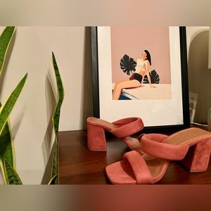 ASOS Pink padded Suede Slipper Strappy Block Sandal  Heels Size 5 wide